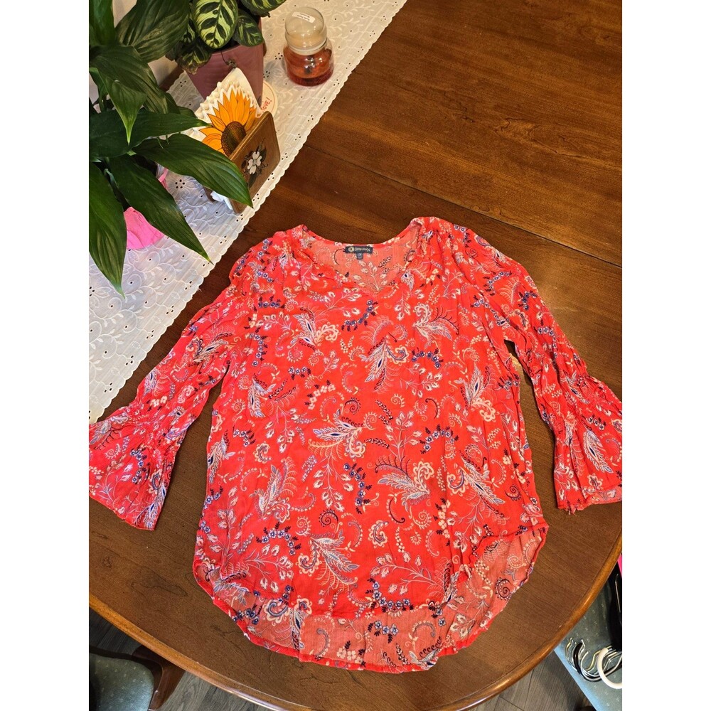 Democracy Women's Orange Paisley V-Neck Bell Sleeve Ruffle Blouse Size M